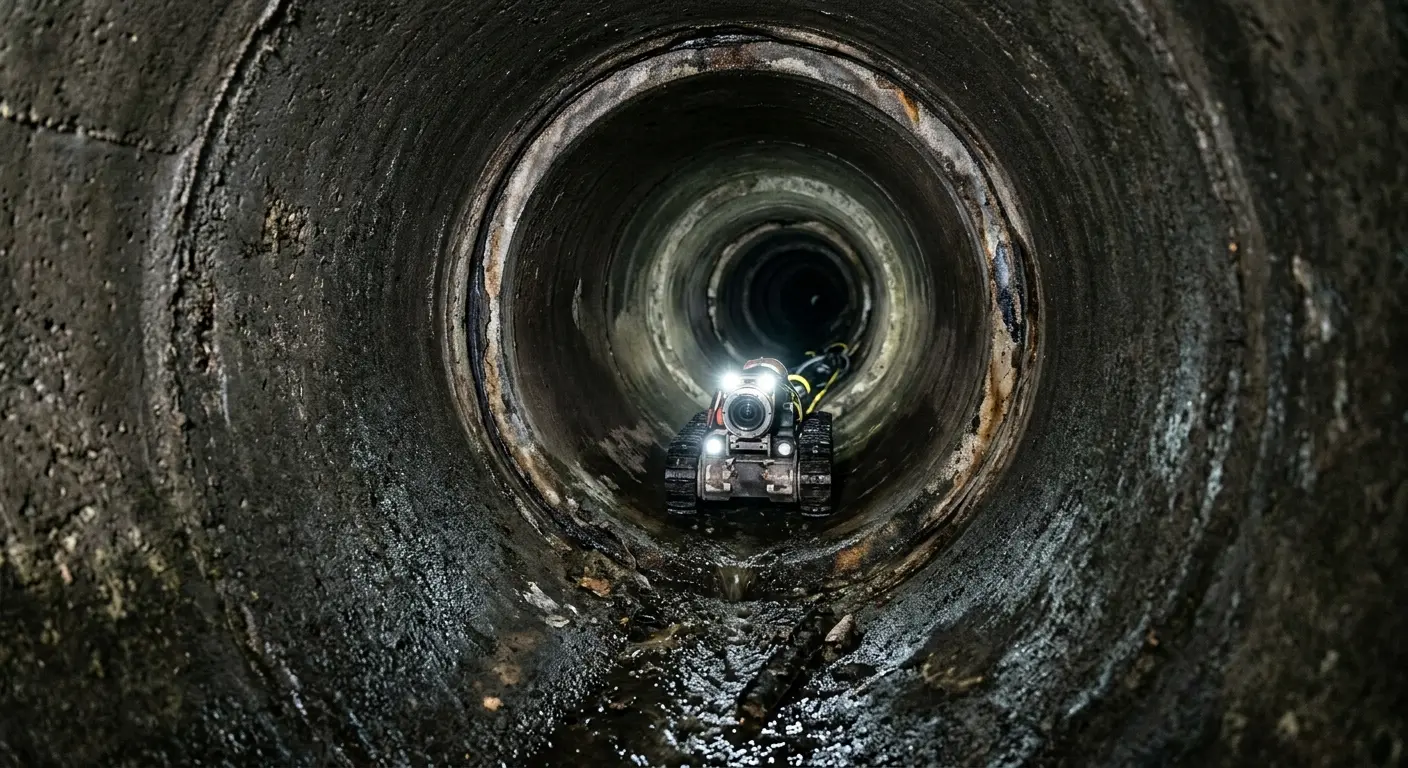 Robotic sewer camera inspecting pipe interior for Sewer Line Cleaning in Jefferson