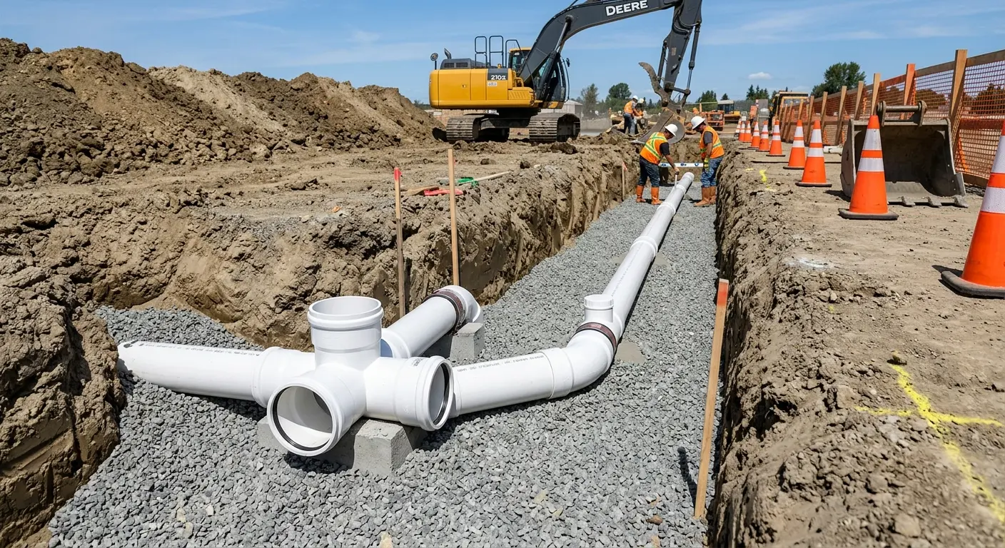 New PVC sewer pipe installation in open trench for Grease Trap Cleaning in Jefferson