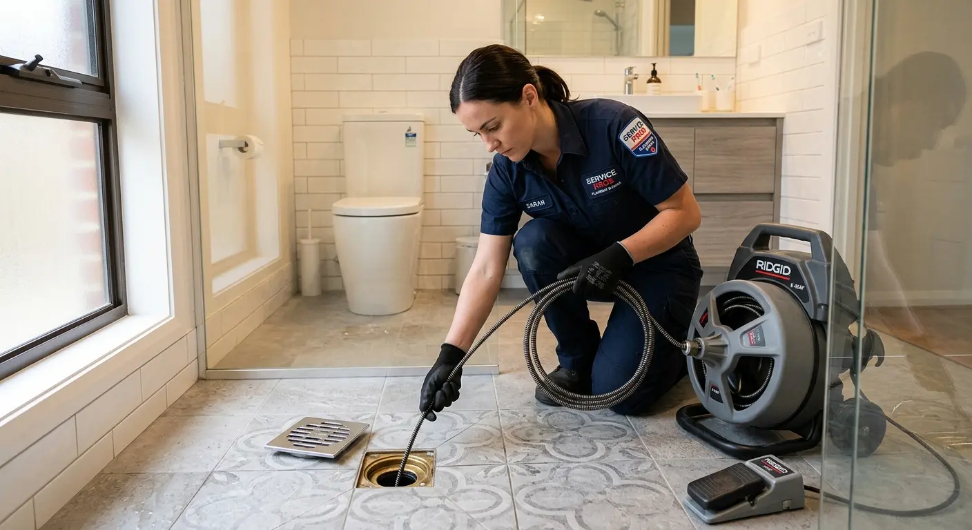 Technician clearing a bathroom floor drain for Sewer Line Installation in Jefferson